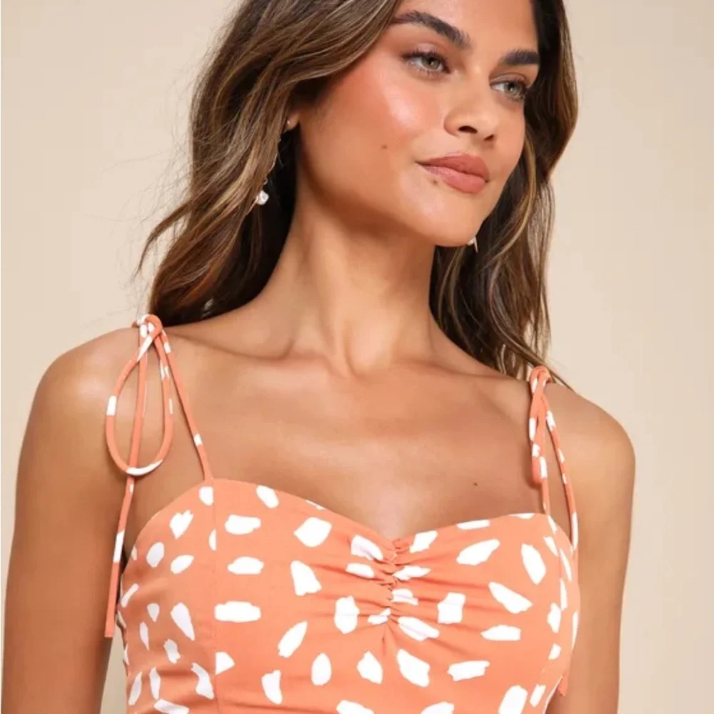 Lulus Party In Paris Light Orange Print Tie-strap Midi Dress - Size S - Picture 5 of 7